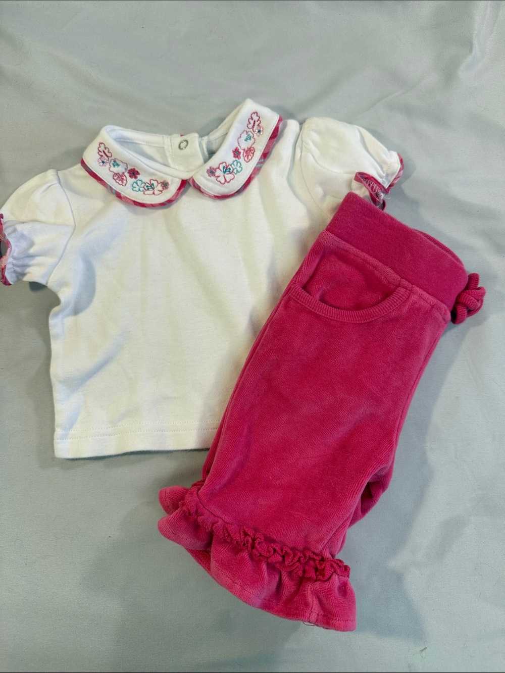 Please Mum Vintage Embroidered Collar Top & Pink Ruffle Pants Kids Matching Set